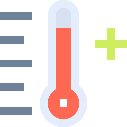 رمز ميزان حرارة يشير إلى ارتفاع في درجة الحرارة مع علامة زائد للدلالة على زيادة الحرارة
