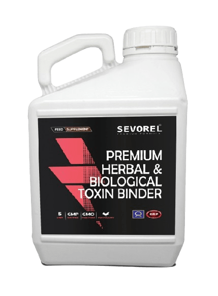 عبوة من منتج سيفوريل المستخدم كمضاد للسموم الفطرية ورافع للأوزان لدى الدواجن